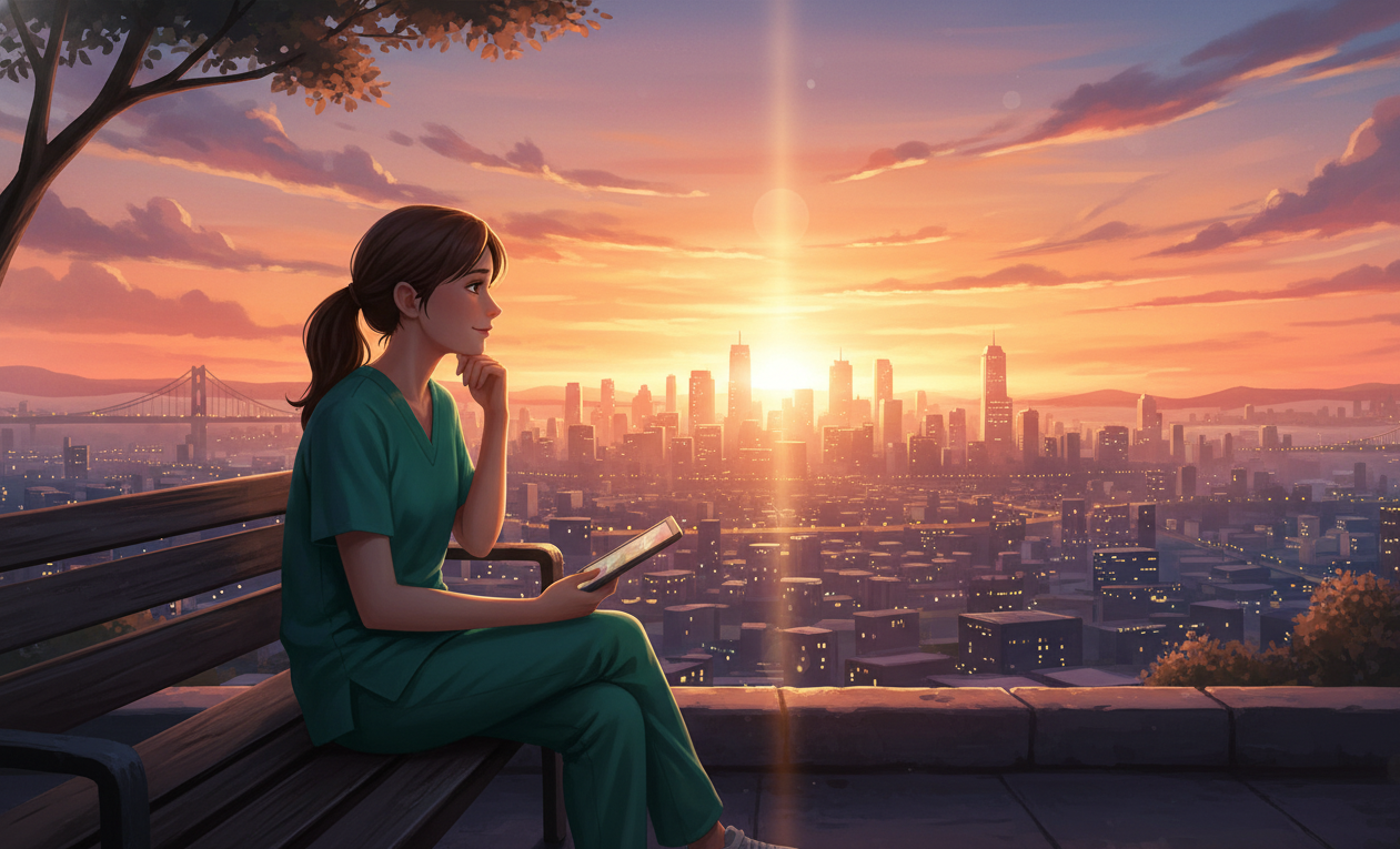 Medical student in scrubs reflecting on career at sunset