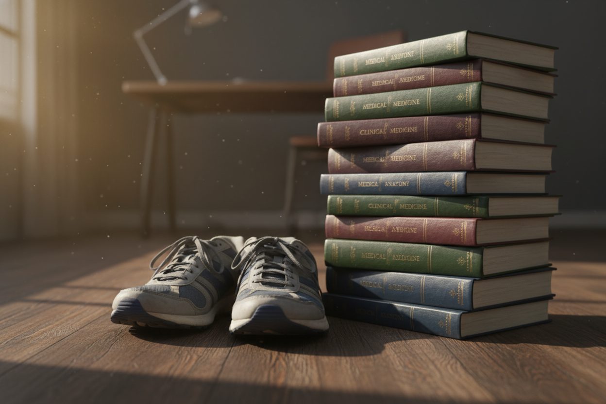 Running shoes and medical textbooks symbolizing a medical student journey