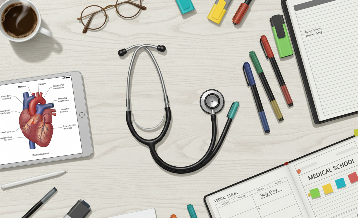 Flatlay of organized medical study tools and stationery on a desk